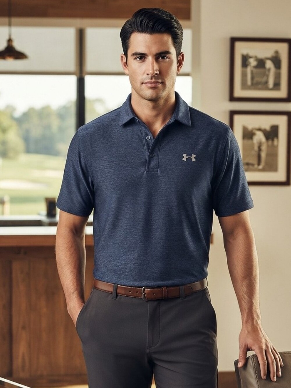 Under Armour Men's Golf Polo Heatgear Heathered Navy Blue Sz Large Loose Fit